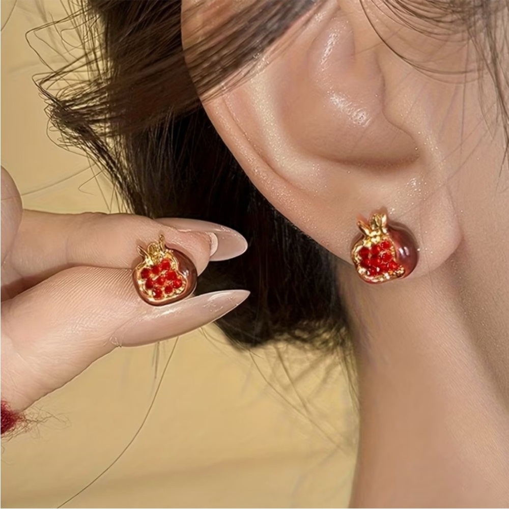 Gold and Red Pomegranate Stud Earrings - Picture 2 of 3